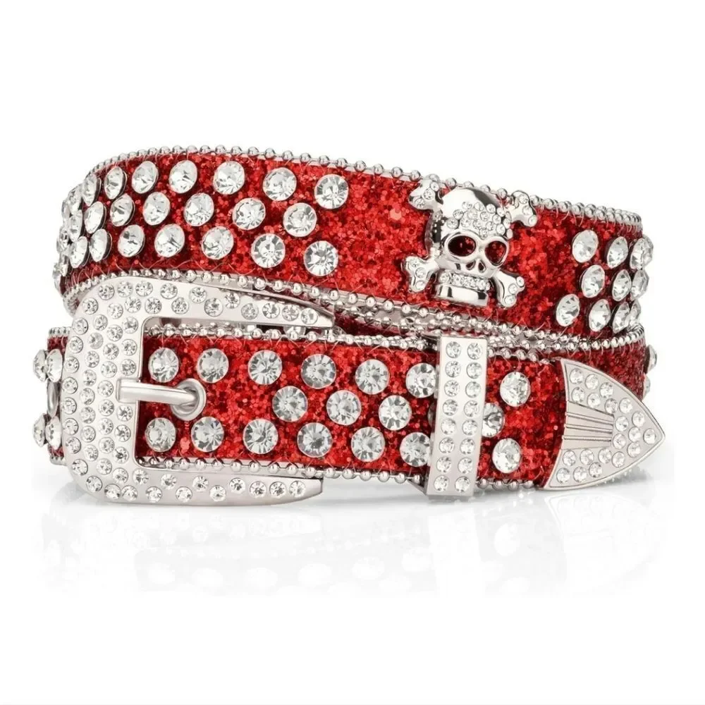 Red Glitter Skull Belt Punk Rock Western Unisex Bikercore